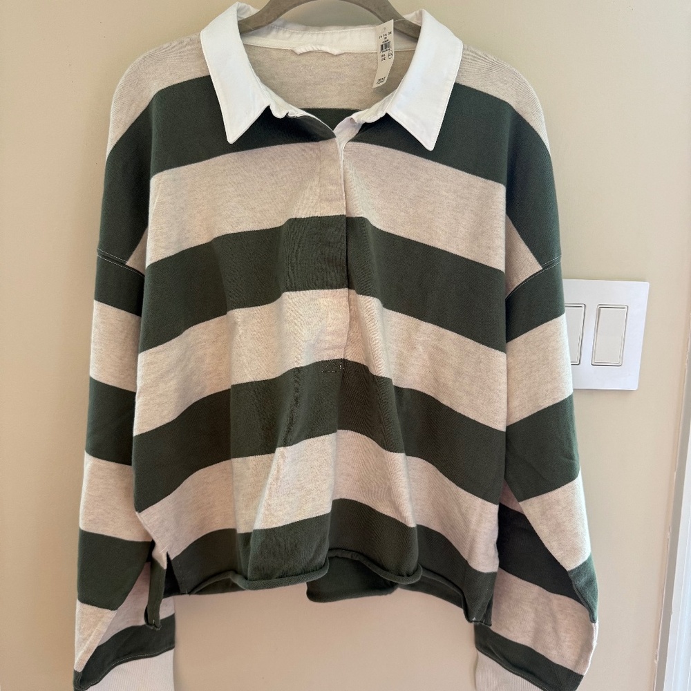 aerie Striped Long Sleeve Polo in Forest Green and Cream